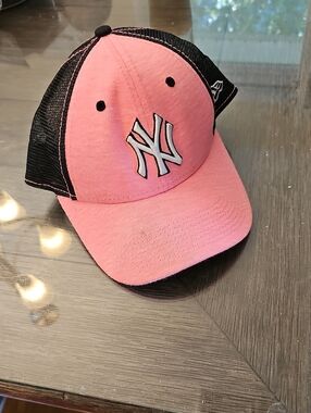 Womens Pink New York Yankess Trucker Cap with Black Mesh and Embroidered Logo